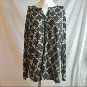 Dana Buchman Black Tan Geometric Blouse Size XL Long Sleeve Top Stretch